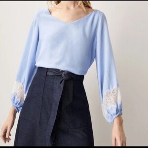 Massimo Dutti Gingham Print Chiffon Blouse Lace Trim Women’s 8 Light Blue